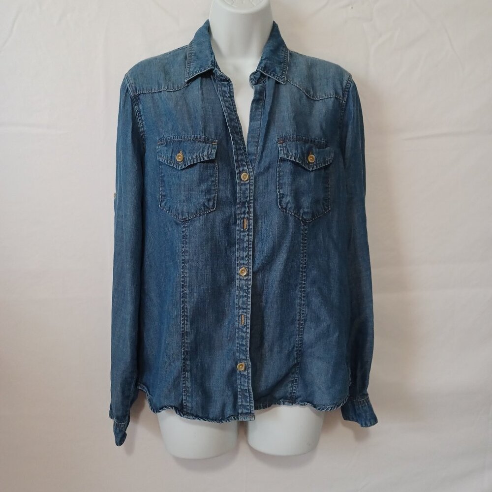 Cloth‎ & Stone women shirt bugtton up medium wash pockets western sz S